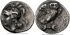 CALABRIA. Tarentum. Ca. early 3rd century BC. AR drachm (16mm, 5h). NGC Choice VF, edge chips. Ca. 280-272 BC, So- and Di-, magistrates. Head of Athen...