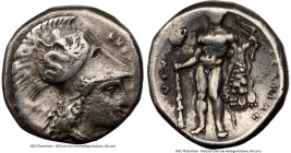 LUCANIA. Heraclea. Ca. 330-280 BC. AR stater (19mm, 11h). NGC VF, scratches. ΗΕPΑΚΛΗΙΩΝ, head of Athena right, hair flowing loose, upswept at temple, ...