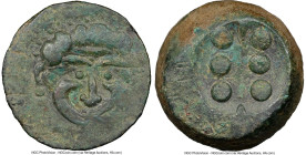 SICILY. Himera. Ca. 430-420 BC. AE hemilitron (27mm, 28.12 gm). NGC VF 4/5 - 2/5, smoothing. Facing gorgoneion head, tongue protruding / Six pellets. ...