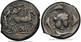 SICILY. Syracuse. Deinomenid Tyranny, Hieron I (ca. 475-470 BC). AR tetradrachm (25mm, 16.95 gm, 8h). NGC VF 4/5 - 3/5. Charioteer driving biga walkin...