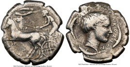 SICILY. Syracuse. Ca. 440-430 BC. AR tetradrachm (26mm, 2h). NGC Fine, scratches, edge chips. Ca. 440-430 BC. Charioteer driving quadriga prancing lef...