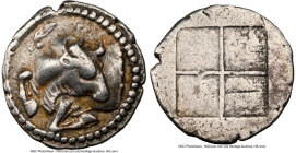 MACEDON. Acanthus. Ca. 5th-4th centuries BC. AR tetrobol (16mm). NGC Choice VF. Forepart of bull left, head reverted; olive leaf with berry and Π abov...