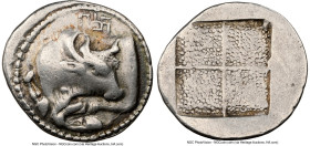 MACEDON. Acanthus. Ca. 5th-4th centuries BC. AR tetrobol (17mm). NGC VF, brushed. Forepart of bull left, head reverted; Π and tetraskelion above, dott...