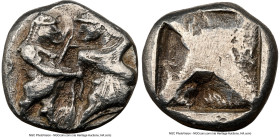 MACEDON. Siris ('Lete'). Ca. 525-480 BC. AR stater (19mm, 9.16 gm). NGC Choice VF 4/5 - 3/5, light scratches. Ithyphallic satyr standing right (on lef...