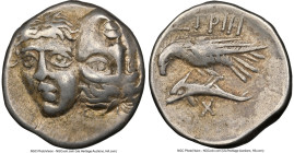 MOESIA. Istrus. Ca. 4th century BC. AR drachm (18mm, 12h). NGC Choice Fine. Facing male heads, the right inverted / IΣTPIH, sea-eagle flying left, gra...