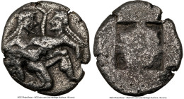 THRACIAN ISLANDS. Thasos. Ca. 500-450 BC. AR stater (21mm). NGC VF, brushed. Nude ithyphallic satyr running right, carrying nymph, her right hand rais...