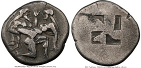 THRACIAN ISLANDS. Thasos. Ca. 500-450 BC. AR stater (22mm). NGC Choice Fine. Nude ithyphallic satyr running right, carrying nymph, her right hand rais...