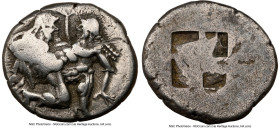 THRACIAN ISLANDS. Thasos. Ca. 500-450 BC. AR stater (22mm). NGC Fine, scuff. Nude ithyphallic satyr running right, carrying nymph, her right hand rais...
