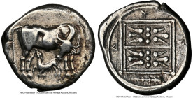 ILLYRIA. Dyrrhachium. Ca. 450-280 BC. AR stater (21mm, 5h). NGC VF, brushed. Cow standing left, head reverted, suckling calf standing right below / Δ-...