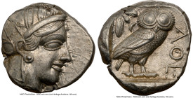 ATTICA. Athens. Ca. 440-404 BC. AR tetradrachm (24mm, 17.17 gm, 8h). NGC AU 4/5 - 5/5. Mid-mass coinage issue. Head of Athena right, wearing earring, ...