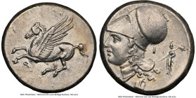 CORINTHIA. Corinth. Ca. 4th century BC. AR stater (21mm, 8.34 gm, 3h). NGC Choice XF 4/5 - 3/5, brushed. Pegasus with pointed wing flying left; Ϙ belo...