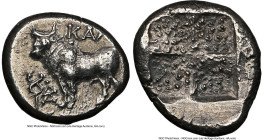 BITHYNIA. Calchedon. Ca. 387/6-340 BC. AR drachm (15mm). NGC Choice XF. KAΛX, bull standing left on grain ear right; caduceus and ΔΑ monogram in left ...