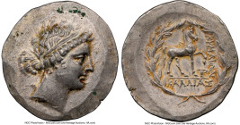 AEOLIS. Cyme. Ca. 165-155 BC. AR tetradrachm (34mm, 16.80 gm, 12h). NGC Choice XF 4/5 - 5/5. Callias, magistrate. Head of the Amazon Cyme right, hair ...