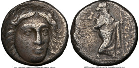 CARIAN SATRAPS. Maussollus (377-353 BC). AR drachm (8mm, 11h). NGC VF, marks. Head of Apollo facing, turned slightly right, hair parted in center and ...