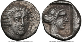 CARIAN ISLANDS. Rhodes. Ca. 408-390 BC. AR hemidrachm (7mm, 12h). NGC Choice VF. Head of Helios facing, turned slightly right / Head of Rhodos right; ...