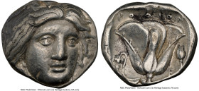 CARIAN ISLANDS. Rhodes. Ca. 316-305 BC. AR tetradrachm (24mm, 15.10 gm, 12h). NGC XF 5/5 - 3/5. Head of Helios facing, turned slightly right, hair par...