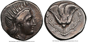 CARIAN ISLANDS. Rhodes. Ca. 305-275 BC. AR didrachm (18mm, 6.70 gm, 12h). NGC Choice VF 3/5 - 4/5. Radiate head of Helios right / POΔION, rose with si...