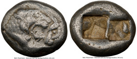 LYDIAN KINGDOM. Croesus or later (ca. after 561 BC). AR half-stater or siglos (15mm, 5.20 gm). NGC VF 4/5 - 3/5. Sardes mint. Confronted foreparts of ...