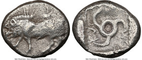 LYCIAN DYNASTS. Ekuwemi (Akuvami) (ca. 480-460 BC). AR third-stater (13mm). NGC VF. Boar walking left / Ekuwemi (Lycian), triskeles; all within incuse...