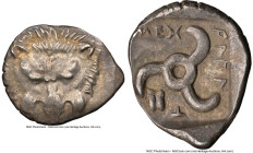 LYCIAN DYNASTS. Mithrapata (ca. 390-360 BC). AR sixth-stater (13mm, 3h). NGC AU. Uncertain mint. Lion scalp facing / Mithrapata (Lycian), triskeles wi...