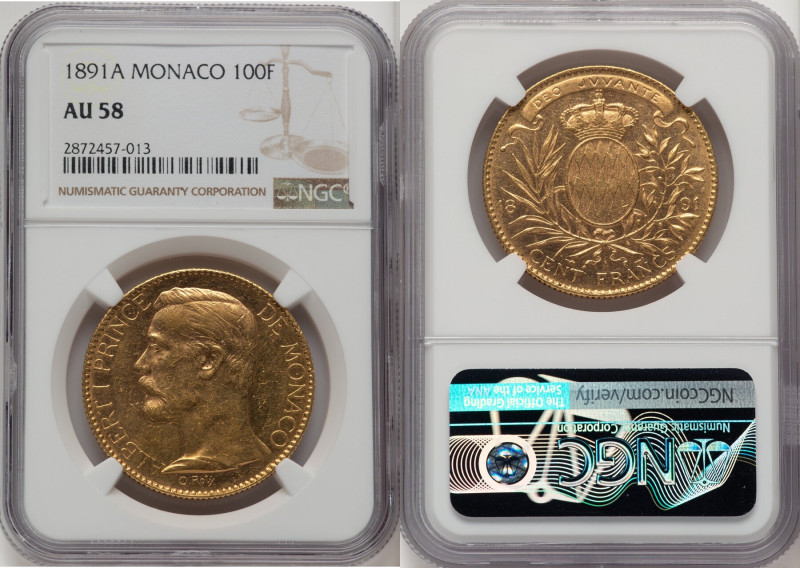 Albert I gold 100 Francs 1891-A AU58 NGC, Paris mint, KM105, Fr-13, Gad-MC124. H...