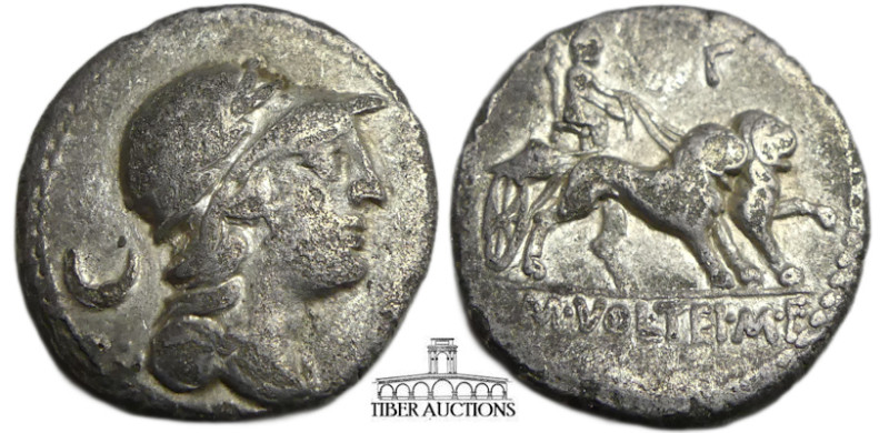 M. Volteius M.f. 75 BC. AR Denarius (18 mm, 3.36 g.). Rome mint. Laureate, helme...