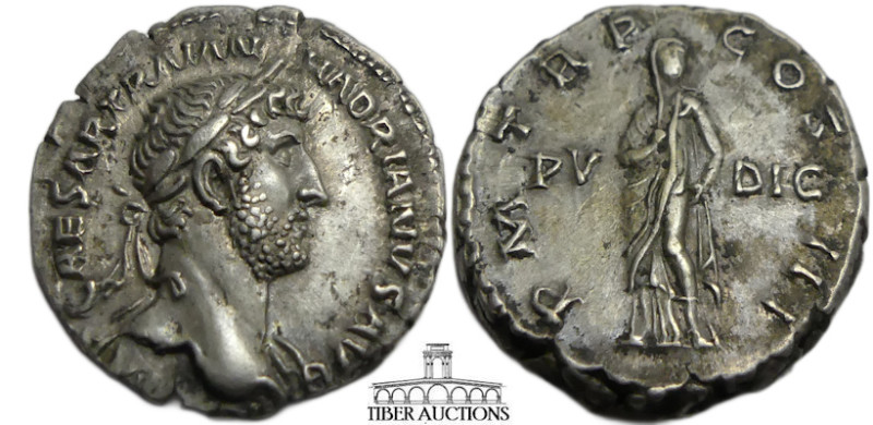 Hadrian. AD 117-138. AR Denarius (18 mm, 3.34 g.). Rome mint. Struck circa late ...