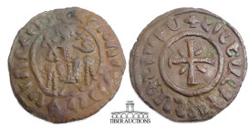 ARMENIA, Cilician Armenia. Royal. Hetoum I. 1226-1270. Æ Tank (30 mm, 7.56 g.). Hetoum seated facing on throne, holding globus cruciger; star to left ...