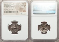 CALABRIA. Tarentum. Ca. 281-240 BC. AR stater or didrachm (22mm, 6.56 gm, 12h). NGC AU 5/5 - 4/5, Fine Style. Ialo-, Ie- and An, magistrates. Youth on...