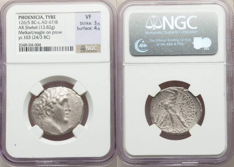 PHOENICIA. Tyre. Ca. 126/5 BC-AD 67/8. AR shekel (27mm, 13.82 gm, 12h). NGC VF 3...