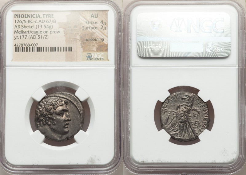 PHOENICIA. Tyre. Ca. 126/5 BC-AD 67/8. AR shekel (24mm, 13.54 gm, 1h). NGC AU 4/...