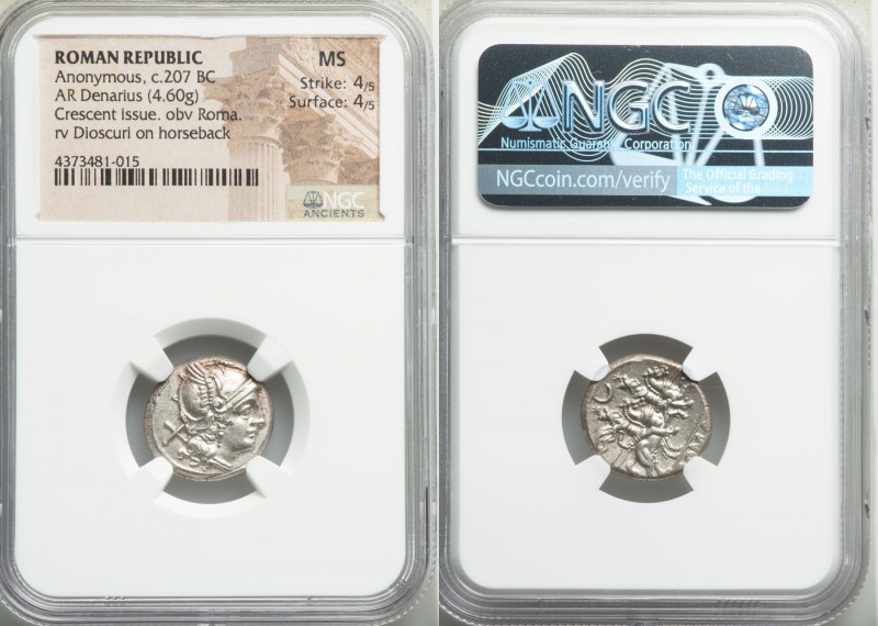 Anonymous. 207 BC. Crescent symbol series. AR denarius (17mm, 4.60 gm, 10h). NGC...