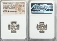Anonymous. 207 BC. Crescent symbol series. AR denarius (17mm, 4.60 gm, 10h). NGC MS 4/5 - 4/5. Head of Roma right wearing winged helmet, X behind / Th...