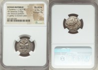 C. Fonteius (114-113 BC). AR denarius (20mm, 3.93 gm, 5h). NGC Choice AU S 5/5 - 4/5. Rome mint. Laureate, Janiform heads of the Dioscuri, S to left, ...
