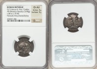 Q. Fufius Calenus & Mucius Cordus (68 or 70 BC). AR serrate denarius (19mm, 3.95 gm, 5h). NGC Choice AU 4/5 - 5/5. Rome. Jugate heads of Honos and Vir...