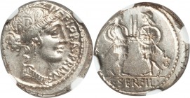 C. Servilius C.f. (ca. 57/53 BC). AR denarius (18mm, 3.93 gm, 5h). NGC MS 4/5 - 4/5. Rome. FLORAL•PRIMVS (AL and MV ligate), head of Flora right, wrea...