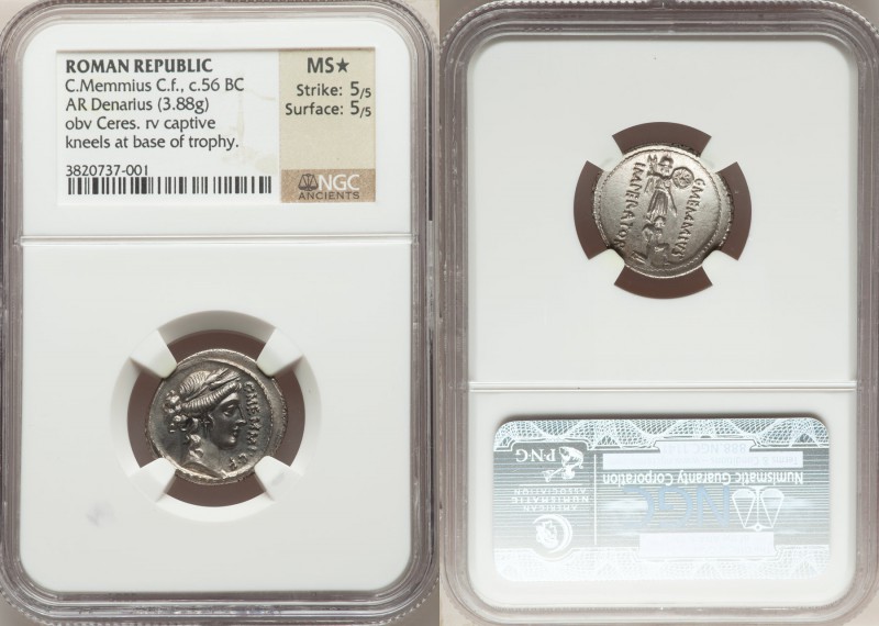 C. Memmius C.f. (56 BC). AR denarius (19mm, 3.88 gm, 6h). NGC MS S 5/5 - 5/5. Ro...