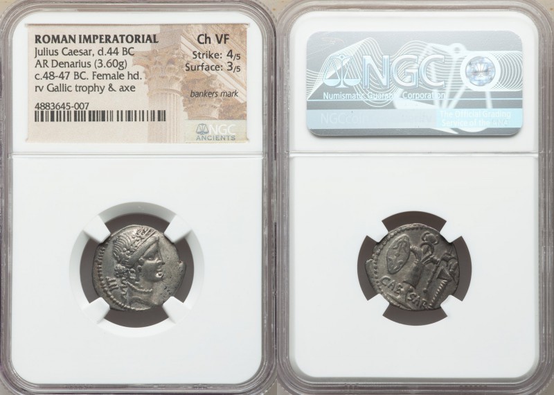 Julius Caesar, as Dictator (49-44 BC). AR denarius (20mm, 3.60 gm, 1h). NGC Choi...