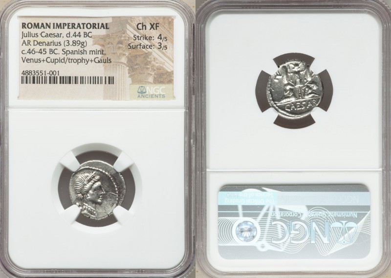 Julius Caesar, as Dictator (49-44 BC). AR denarius (18mm, 3.89 gm, 5h). NGC Choi...