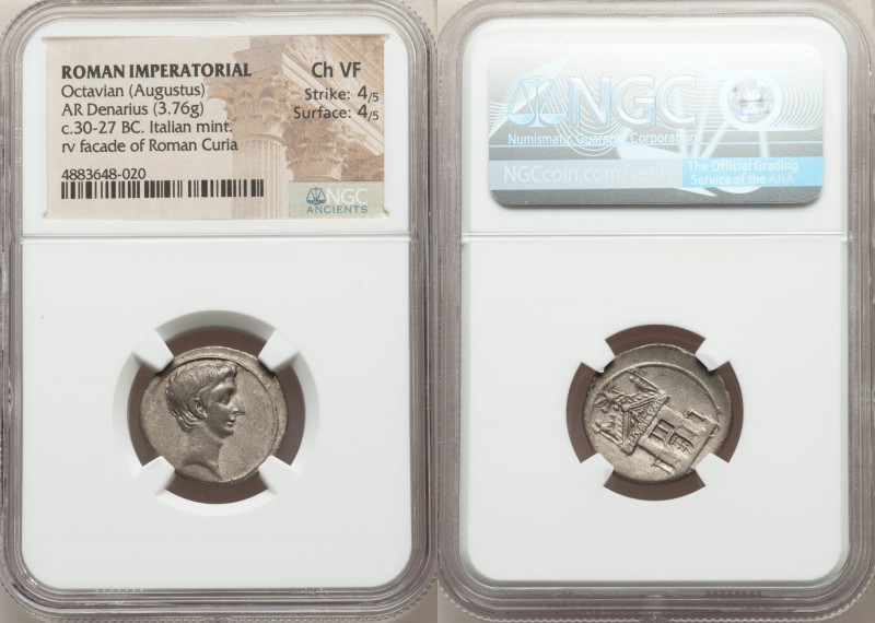 Octavian, as Sole Imperator (31-27 BC). AR denarius (21mm, 3.76 gm, 10h). NGC Ch...