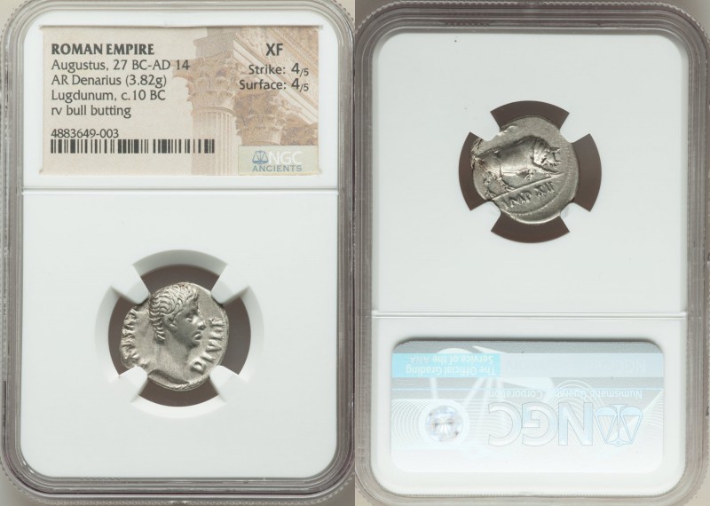 Augustus (27 BC-AD 14). AR denarius (20mm, 3.82 gm, 5h). NGC  XF 4/5 - 4/5.  Lug...