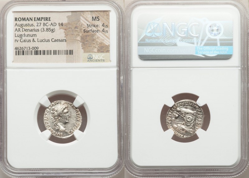 Augustus (27 BC-AD 14). AR denarius (19mm, 3.85 gm, 10h). NGC MS 4/5 - 4/5. Lugd...