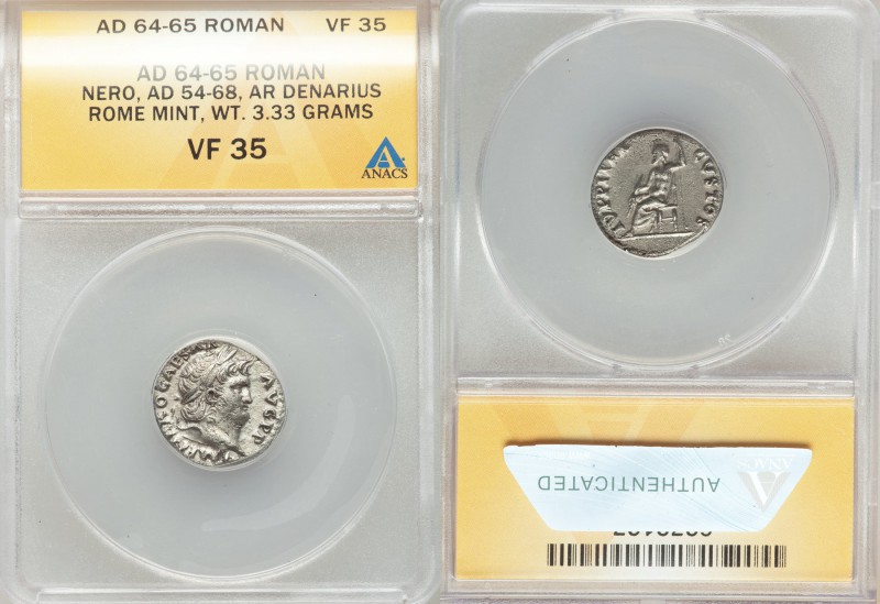 Nero (AD 54-68). AR denarius (19mm, 3.33 gm, 6h). ANACS VF 35. Rome, ca. AD 67/8...