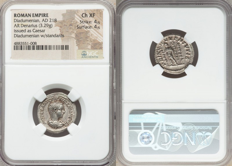 Diadumenian, as Caesar (AD 217-218). AR denarius (20mm, 3.29 gm, 5h). NGC Choice...