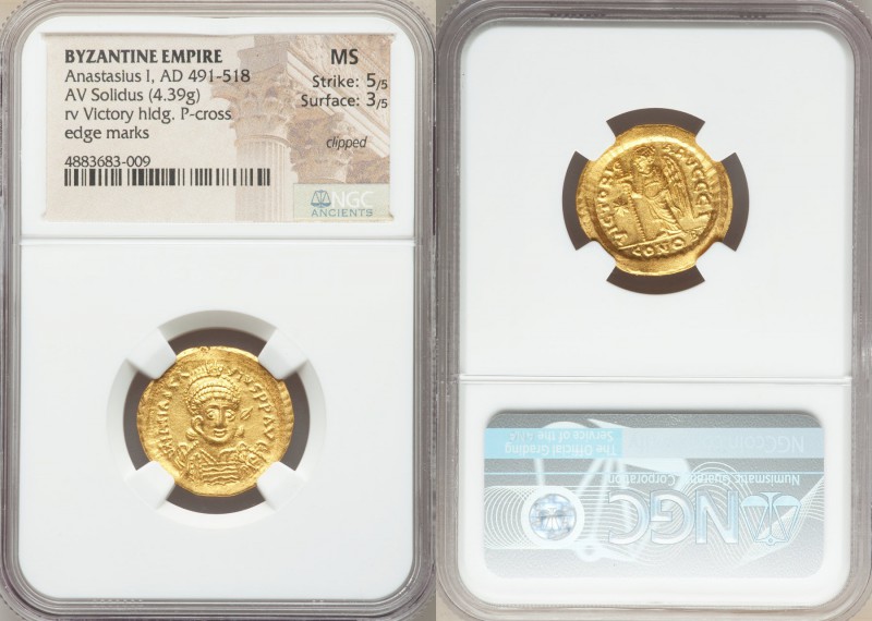 Anastasius I (AD 491-518). AV solidus (22mm, 4.39 gm, 5h). NGC MS 5/5 - 3/5, cli...