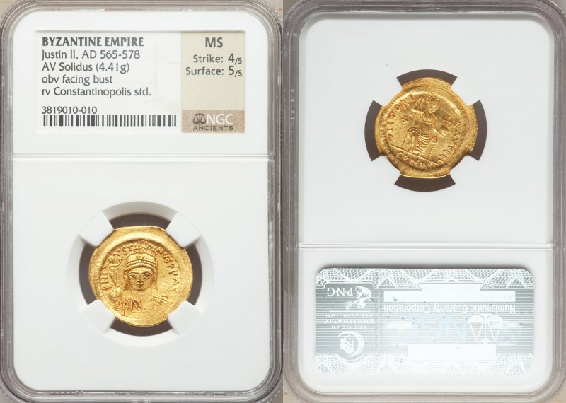 Justin II (AD 565-578). AV solidus (22mm, 4.41 gm, 7h). NGC MS 4/5 - 5/5. Alexan...