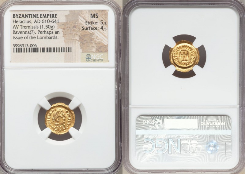 Heraclius (AD 610-641). AV tremissis (15mm, 1.50 gm, 6h). NGC MS 5/5 - 4/5. Rave...