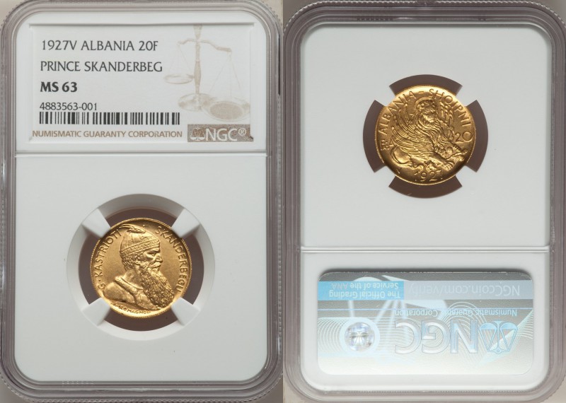 Republic gold "Prince Skanderbeg" 20 Franga Ari 1927-V MS63 NGC, Vienna mint, KM...