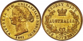 Victoria gold Sovereign 1861-SYDNEY AU55 NGC, Sydney mint, KM4, Fr-10. Straw gold, with virtually no wear to the devices present. 

HID09801242017