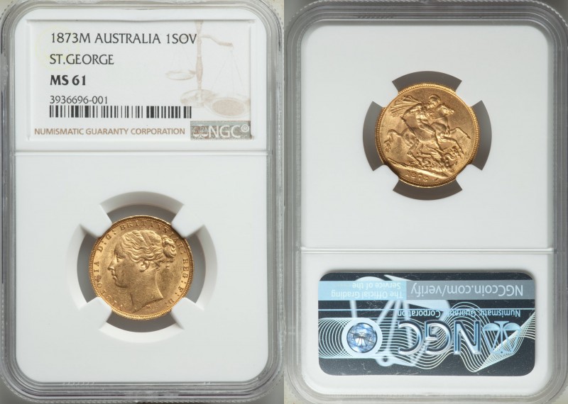 Victoria gold "St. George" Sovereign 1873-M MS61 NGC, Melbourne mint, KM7. 

HID...